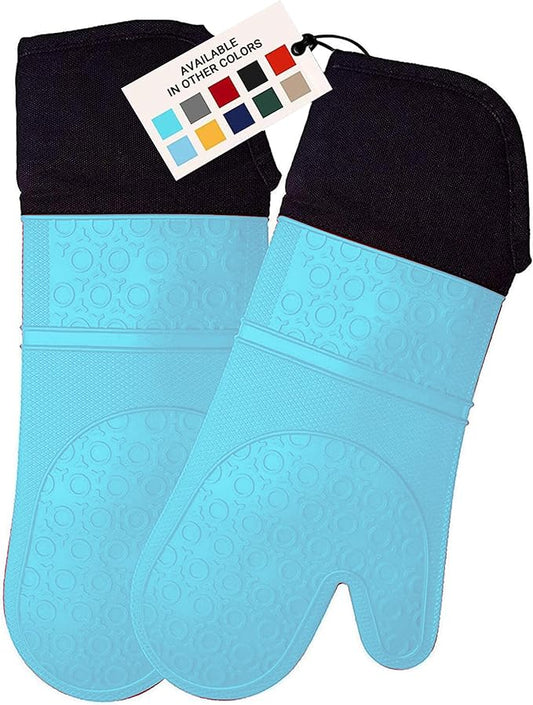 BPA-Free Soft Silicone Oven Mitts - Ultra Heat Resistant Oven Mitts with Thick Cotton Liner - Extra Long Slip Resistant Pot Holders, Flexible Oven Gloves - Aqua/Black 14.7"