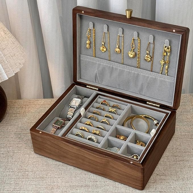 Bescott 2 Layer Solid Black Walnut Wooden Jewelry Box for Women Wood Vintage Organizer for Men Earrings Rings Necklaces Bracelet Watch Storage Mother's Day Gift