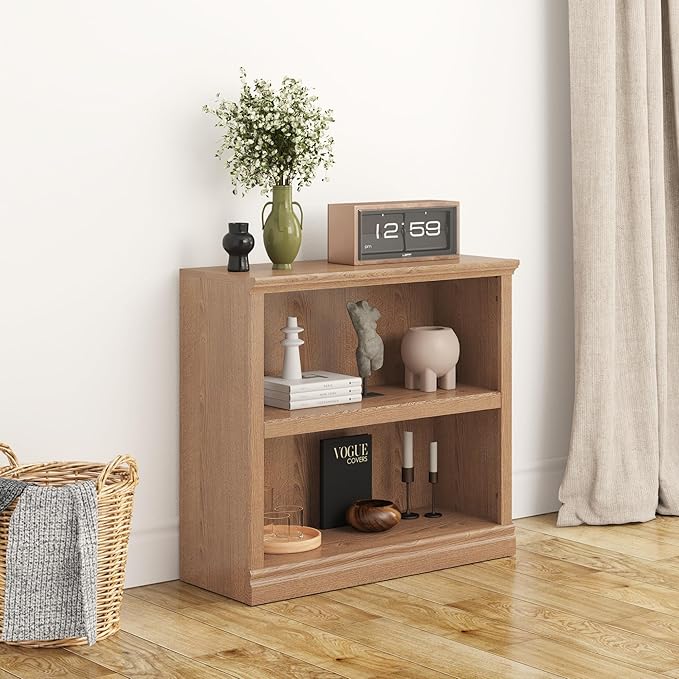 Bookcase, 2 Tiers S Bookshelf Open Storage Organization, Floor Standing Indoor Furniture Book Case for Library Office Living Room Bedroom, Salt Oak - 2 Tier