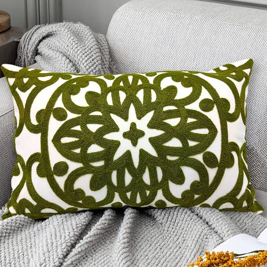 Alysheer Embroidered Lumbar Decorative Throw Pillow Cover 12"x 20", Classic Boho Mandala Embroidery Pattern Cotton Rectangular Cushion Case for Sofa Couch Living Room Bedroom(Olive Green)