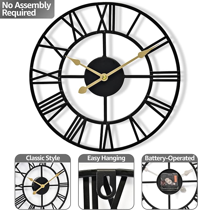 Sorbus Large Wall Clock for Living Room Decor – Easy to Hang 24-Inch Big Wall Clock – Metal Wall Art for Kitchen, Bedroom, Home, Office – Analog Decorative Wall Clock (Black)