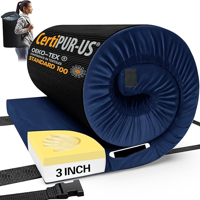 CYMULA CertiPUR-US Memory Foam Camping Mattress Pad, Portable Foam Sleeping Pad for Camping, Roll up Sleeping Mat for Adults Guest Floor Bed for Sleepover, Car, Tent SUV Cot Mattress