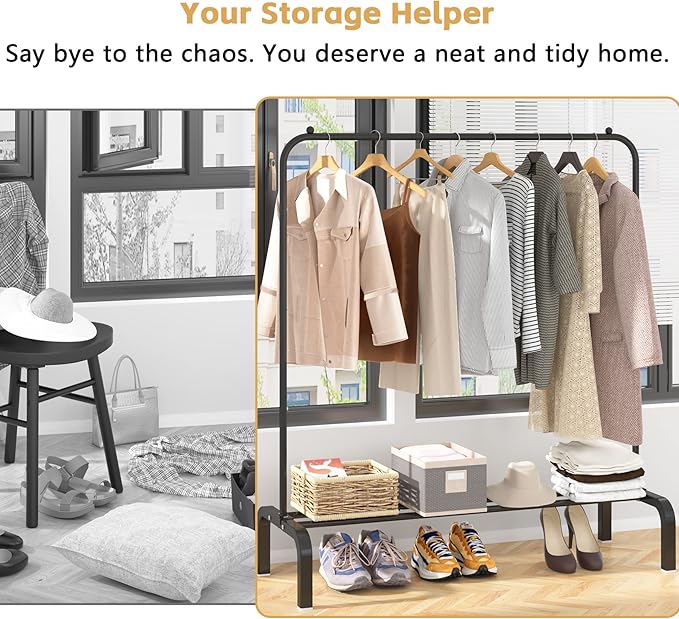 Clothes Rack Metal Clothing Rack with Bottom Shelf Garment Rack for Hanging Clothes Shirts Jeans and Coats Black