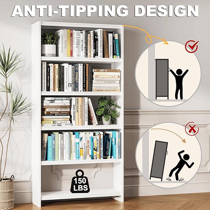 69.3" Tall Metal Bookshelf, White Bookcase with Display Shelves, 5 Tier Open Shelf Bookcases for Living Room, Bedroom, Home Office, Study, Library