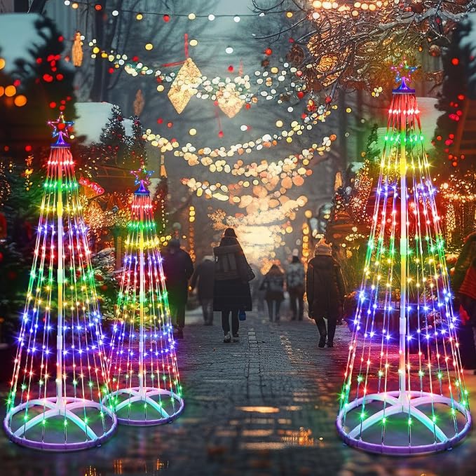 3 Pack 4/5/6ft Christmas LED Cone Tree Lights Outdoor Decorations 24 Modes Color Changing with Timer Foldable Lighted Yard Trees Waterproof String Lights Holiday for Christmas New Year Xmas