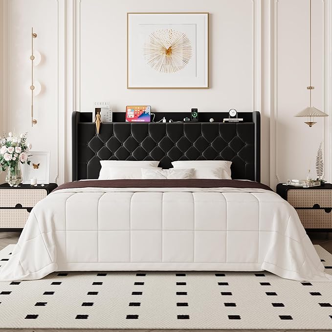 Allewie King Size Bed Frame, Storage Headboard with Charging Station, Wingback Velvet Upholstered, Diamond Stitched Button Tufted, Sturdy Wooden Slats, No Box Spring Needed, Easy Assembly, Black
