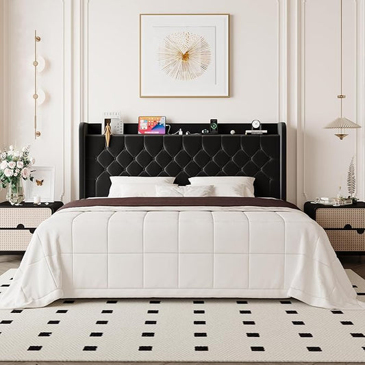 Allewie King Size Bed Frame, Storage Headboard with Charging Station, Wingback Velvet Upholstered, Diamond Stitched Button Tufted, Sturdy Wooden Slats, No Box Spring Needed, Easy Assembly, Black
