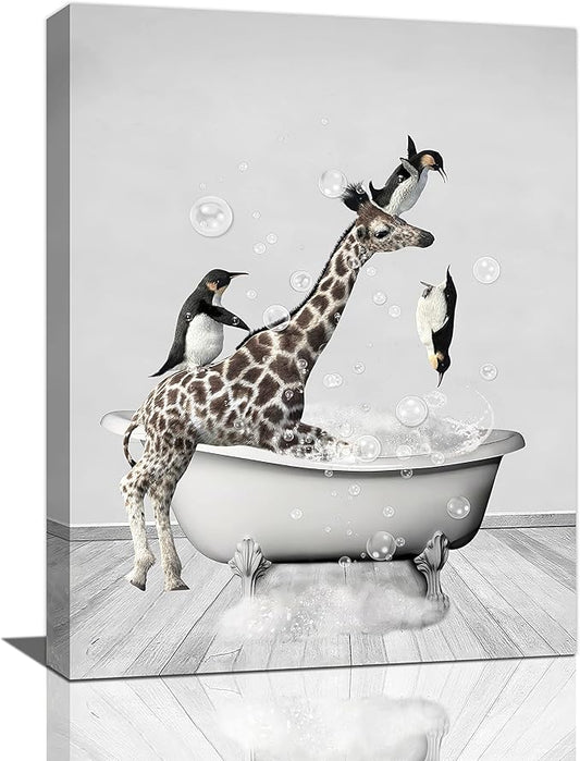 Funny Giraffe And Penguin Bathroom Wall Art - Kids Bathroom Wall Decor Animals In Bathtub Canvas Prints Artwork Paintings - Framed