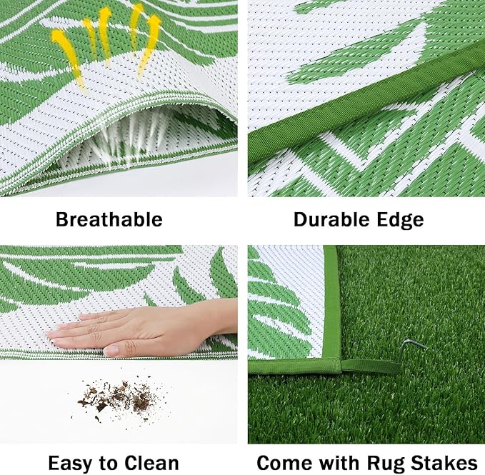 Ileading Outdoor Rug Carpet for Patio 8'x10' Waterproof Reversible Plastic Straw Rug Portable Outside Area Rug Camping Mat for Patio, Clearance, Balcony, Picnic, Pool, Beach, RV, Deck, Green