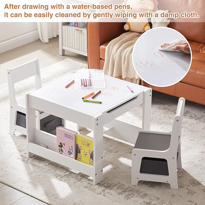 Kids Table and Chair Set, 4 in 1 Wooden Activity Table with Bookshelves and Storage Drawer, 2 in 1 Detachable Tabletop Construction Play Table Set for Drawing, Reading, Build Blocks