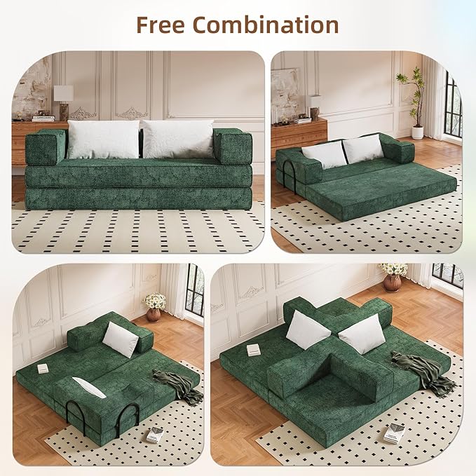 Rovibek 80-Inch 4-in-1 Boneless Sofa Bed – Corduroy Convertible Loveseat Sleeper, Fixed-Shape Frame, No Assembly Required, Space-Saving Pull-Out Futon for Living Room & Bedroom, Green