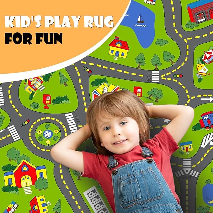 Non-Slip Town City Road Map Playmat for Boys, Perfect for Playroom and Bedroom, Car Track Mat - 9'2" x 6'7" (Rectangular)