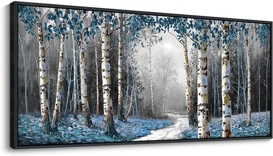 HKDGOKA Large Landscape Wall Art, Gray Blue Birch Tree Abstract Canvas Painting Picture Modern Misty Forest Artwork Framed for Living Room Bedroom Office Kitchen Home Wall Decor 71"x32"