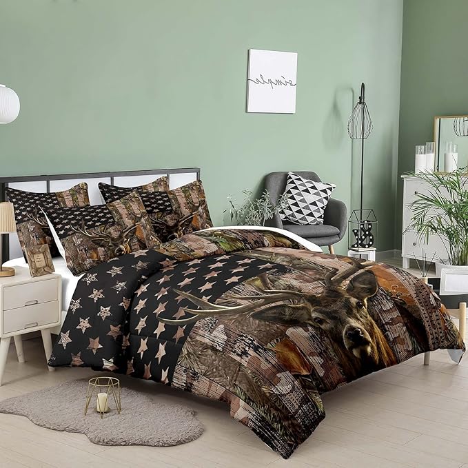 Tailor Shop Deer Comforter Sets for Boys Kids Teens,American Flag Camo Bedding Sets Queen Size Hunting Comforter Sets Woodland Moose Wildlife Forest Bed Set, with 1 Comforter 2 Pillowcase…