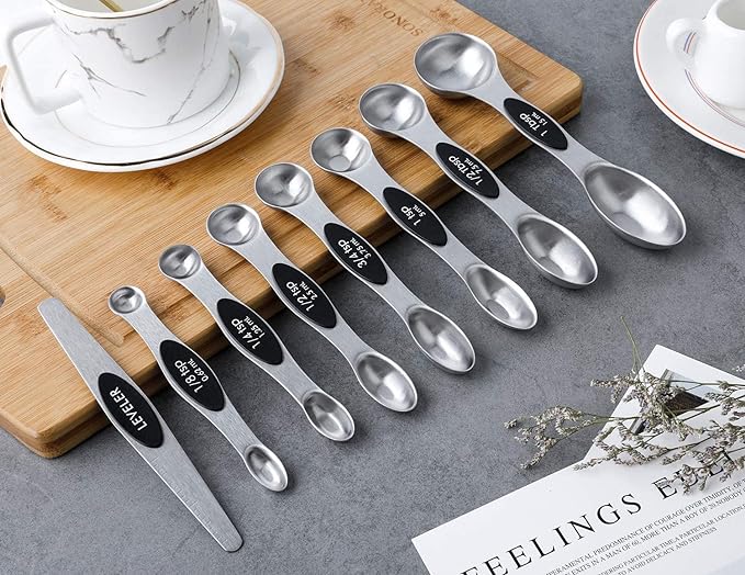 Magnetic Measuring Spoons Set of 8 Stainless Steel Stackable Dual Sided Nesting Teaspoons and Tablespoons for Measuring Dry and Liquid Ingredients