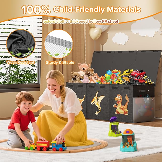 Extra Large Toy Box Chest, Collapsible Sturdy Toy Storage Organizer Boxes Bins Baskets Dinosaur Kids Toy Chest Bin with Lids for Boys Girls Living Room Playroom Bedroom Nursery 41"x14"x16" Black