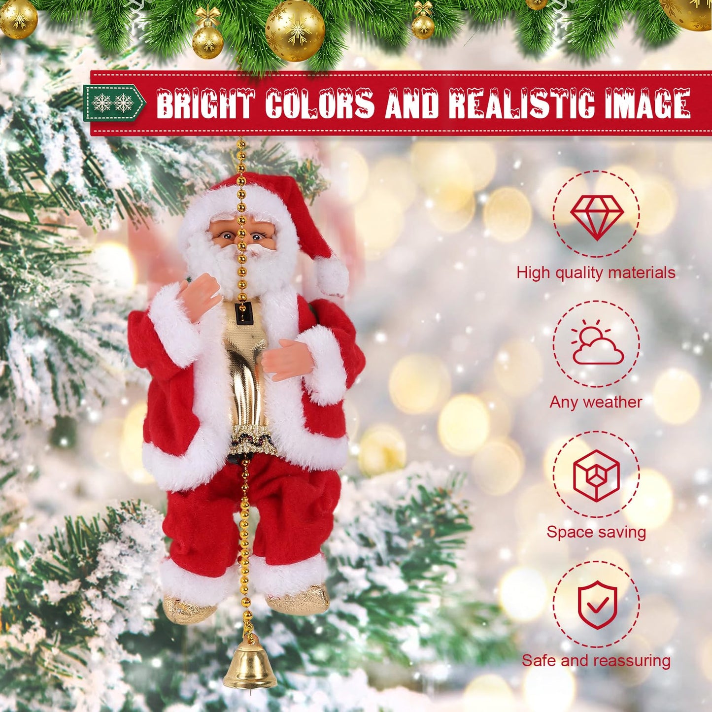 Gfilay 2025 Upgraded Climbing Santa with Music, Animated Electric Santa Claus on Rope, Musical Christmas Tree Ornament, Battery Operated Holiday Decoration Gift