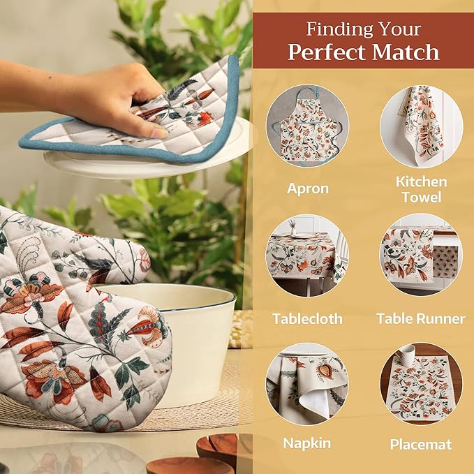 Maison d' Hermine Pot Holders Set 100% Cotton Heat Resistant Potholders 8" x 8" Hot Pads with Loop for Thanksgiving Christmas Decorations BBQ Cooking Baking Handling Hot Pans (Pack of 2, Dalida)