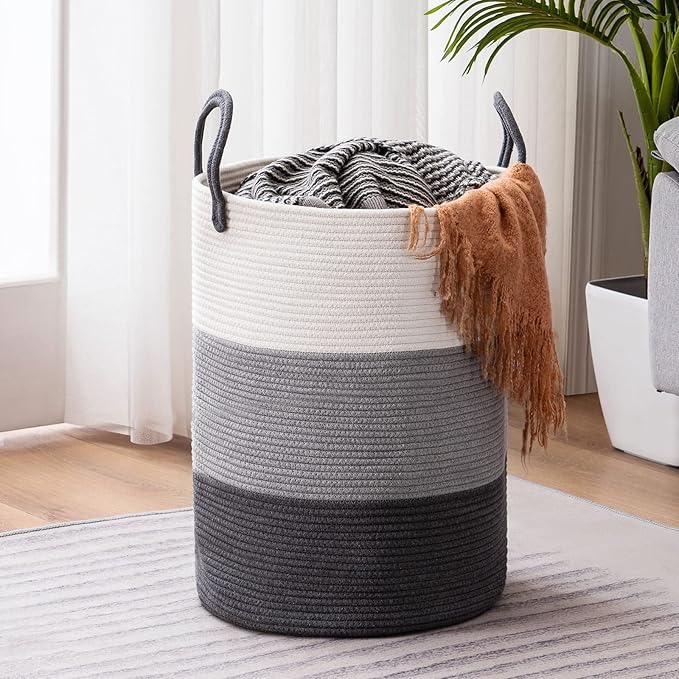 Woven Rope Laundry Hamper Basket by YOUDENOVA, 72L Tall Laundry Basket, Baby Nursery Hamper for Blanket Storage in Bedroom-Large-Dark Grey