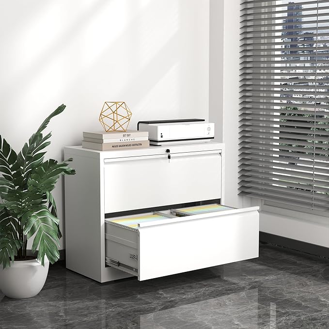 Lateral File Cabinet with Lock,2 Drawer Metal Filing Cabinets for Home Office, Storage Cabinet for Hanging Files Letter/Legal/F4/A4 (White)