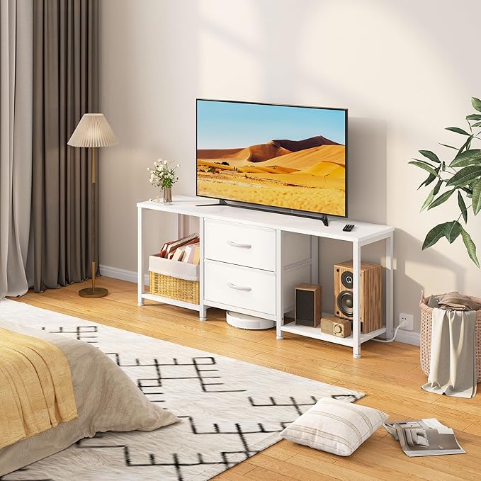 White TV Stand with LED for TVs up to 55 Inch, Coffee Table with 2 Fabric Drawers and 2 Open Storage Shelves, Entertainment Center TV Console for Living Room, Bedroom, Wood Top, Metal Frame