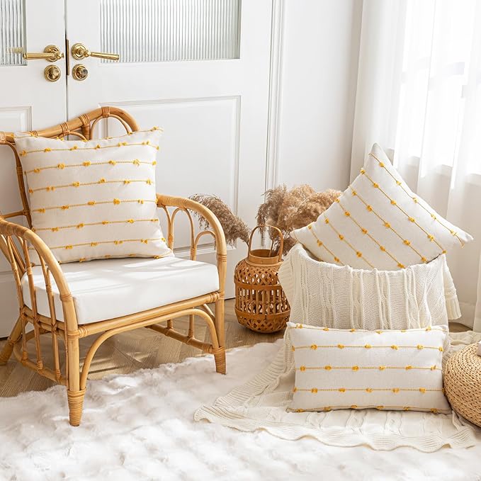 Boho Throw Pillow Covers 26x26 Set of 2 Modern Farmhouse Decorative Cushion Case Tufted Square Pillows Cover Neutral Pillow Cases Accent Pillowcase for Sofa,Couch,Bed,Beige and Yellow