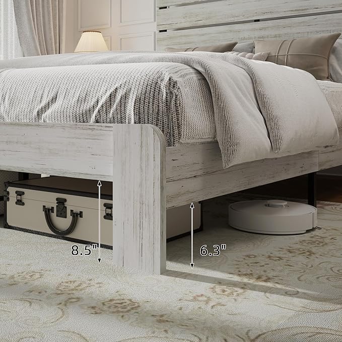 Rustic White Queen Size Wooden Bed Frame with Farmhouse Headboard, Solid Wood Platform Bed with Wood Slats, Noise-Free Structure, No Box Spring Needed