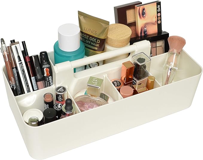 2 PACK - Portable DIY 8 Dividers Durable Plastic Organizer Tote Tool, Supply, Vanity Storage Home Office School Makeup Cleaning Caddy with Handle Made In USA (Ivory)