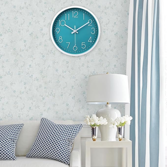 jomparis 12 Inch Silent Non-Ticking Battery Operated Round Turquoise Wall Clock Easy to Read for Pool/Home/Office/School/Kitchen/Bedroom/Living Room Teal Clocks