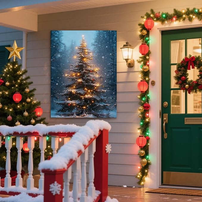 Framed Christmas Pictures Wall Decor,Vintage Pine Tree Prints,Winter Christmas Canvas Wall Art Decoration for Bedroom Bathroom Living Room Rustic Xmas Holiday Gifts (Christmas Tree 3, 16'' X 24'')