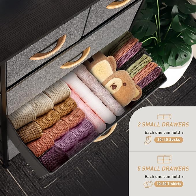 Tall Dresser for Bedroom, Vertical Storage Organizer Tower with 7 Drawers, Chest of Drawers with Fabric Bins, Steel Frame, Wood Top for Bedroom, Closet, Entryway- Grey