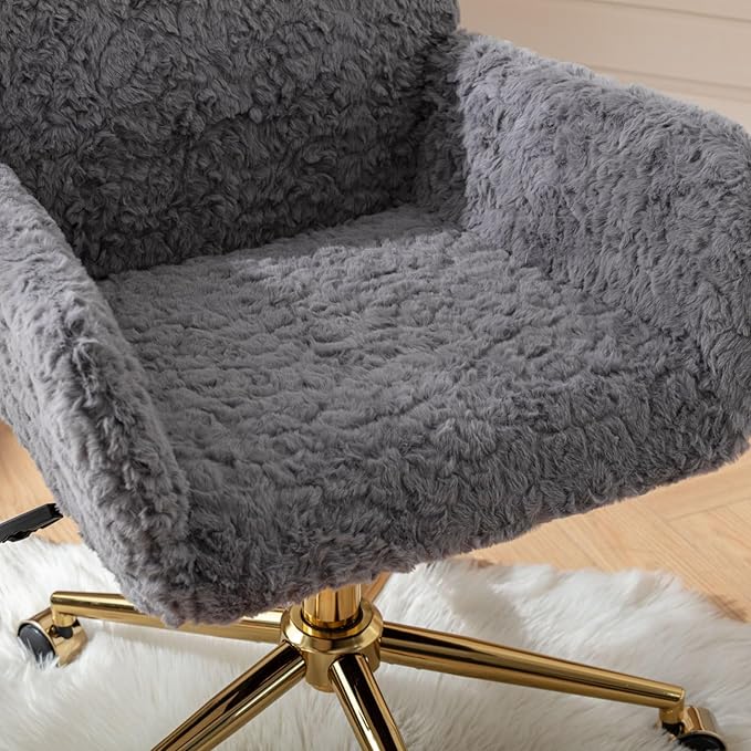Goujxcy Faux Fur Home Office Chair, Upholstered Elegant Makeup Vanity Chair for Teen Girls Teddy Fabric Swivel Desk Chair, Height Adjustable Leisure Elegant Chair for Home Office (Gray)
