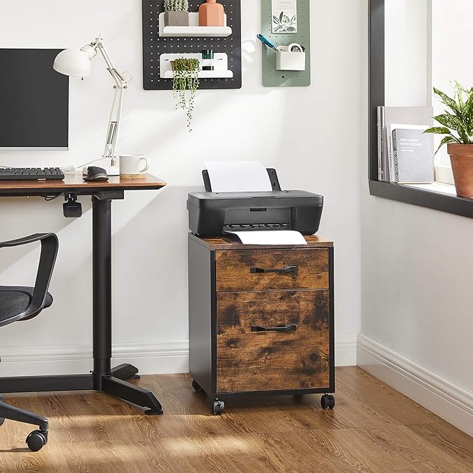 VASAGLE 2 Drawers File Cabinet for Home Office, Printer Stand with Wheels, for A4, Letter Sized Documents, Hanging File Folders, Rustic Brown and Ink Black UOFC042B01V1