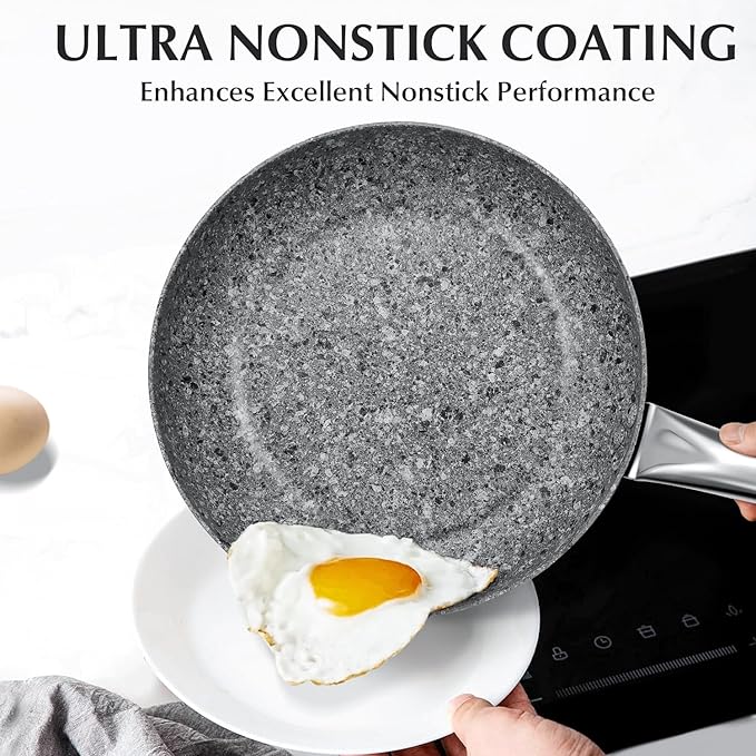 KOCH SYSTEME CS 11" Grey Non stick Granite Stone Frying Pan with Lid, Toxin-free Granite Nonstick Coating Cookware, Ultra Nonstik Skillet with Stainless Steel Handle, Oven Safe&All Stovetop Compatible