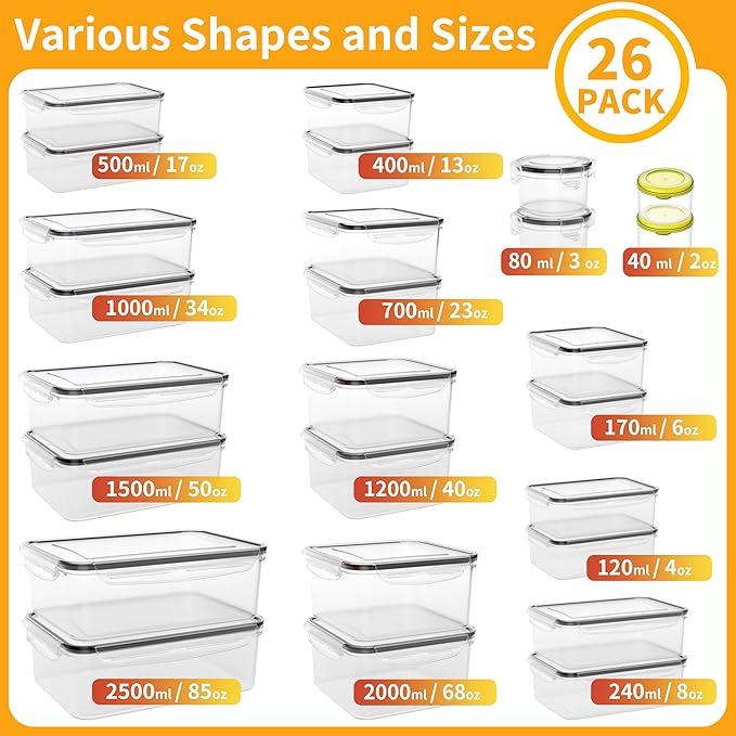 52 PCS Large Food Storage Containers with Lids Airtight, BPA-Free Leakproof Plastic Meal Prep Containers Reusable,Microwave & Dishwasher & Freezer Safe,Includes Labels & Pen