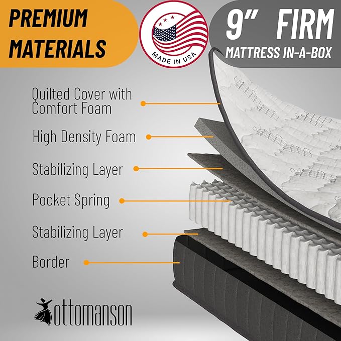 Ottomanson Twin XL 9" Hybrid Mattress - Rock Hard Feel - Made in USA - Individually Pocketed Coils & CertiPUR-US Foam - Fiberglass-Free - Bed in a Box