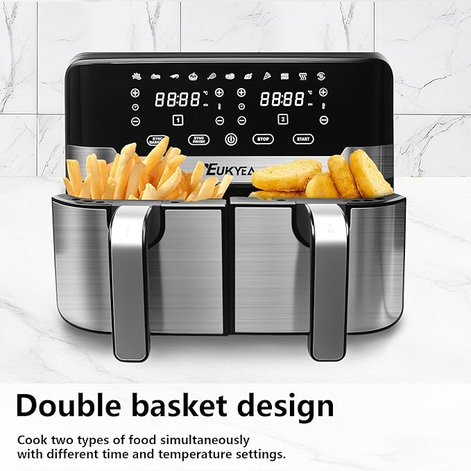 Dual Basket Air Fryer 9.5QT, 2 Non - stick Drawer Ovens with 11 in 1 Cooking Presets, Sync Cooking Finish, No Oil Required, Crispy and Aromatic, Digital Control, 2400W Power, Dishwasher Safe, Black