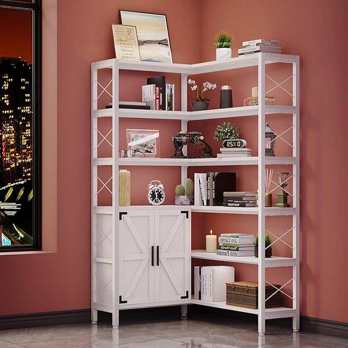 Corner Bookshelves 6 Tier, Farmhouse Wooden Bookcases for Corner, L Shaped Etagere Bookshelf with Storage for Living Room Home Office