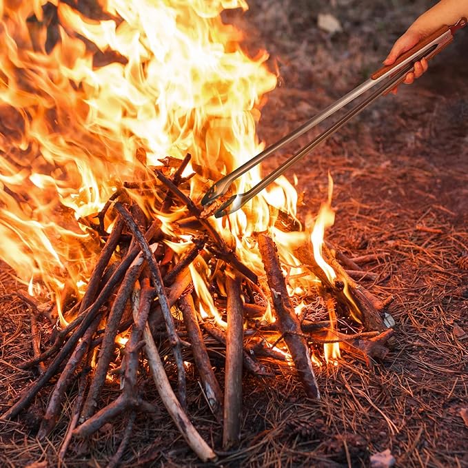 Fire Pit Tongs 32-inch Super Long for Loading Wood,BBQ with Extended Luxurious Acacia Handle for Fire Pits, Fire Rings,Campfires, and Fireplaces, Outdoor or Indoor ﻿