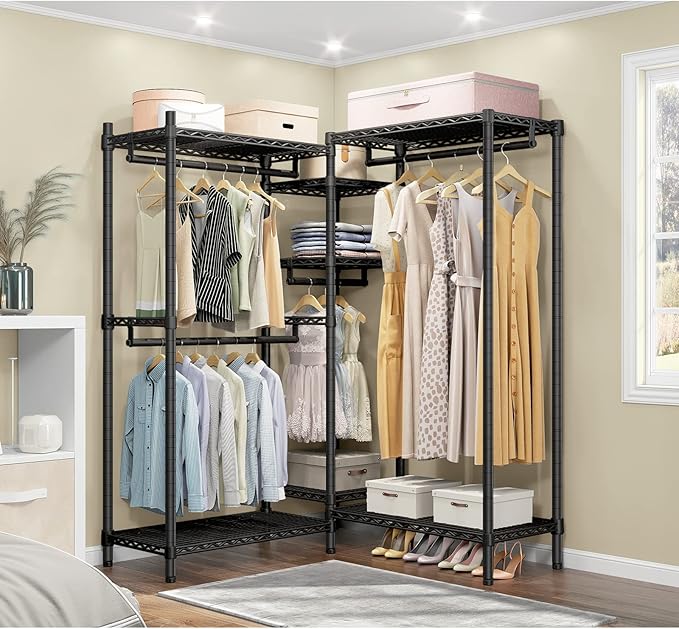 VIPEK L6 Garment Rack L Shaped Clothes Rack Heavy Duty Clothing Rack Metal Freestanding Closet with 7 Adjustable Shelves & 4 Hanging Rods 43.3"L x 43.3"W x 76.4"H, Max Load 750LBS, Medium Size, Black