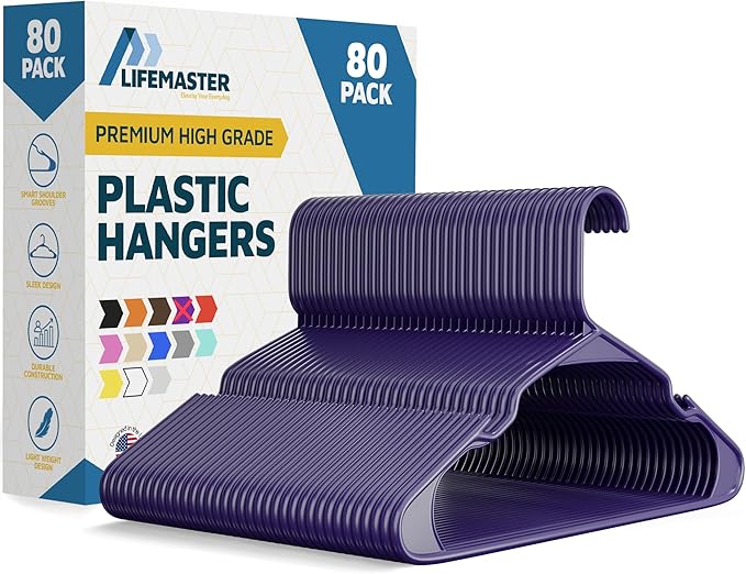 Plastic Clothes Hangers – Heavy Duty Hanger Set, for Organizing Clothes, Dresses, and Coat, Holds Up to 5 lbs, Space-Saving Hangers with Non-Slip Shoulder Grooves, Pack of 80, Purple