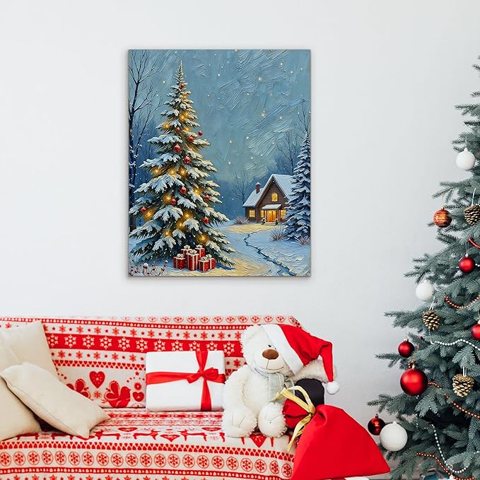 Framed Christmas Pictures Wall Decor,Vintage Pine Tree Prints,Winter Christmas Canvas Wall Art Decoration for Bedroom Bathroom Living Room Rustic Xmas Holiday Gifts (Christmas Tree 20, 16'' X 20'')