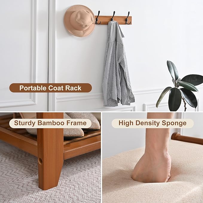Shoe Storage Bench with Coat Rack, 27.6in Hall Tree Shoe Rack, 3-Tier Bamboo Entryway Bench Holds Up to 330lb for Bedroom Hallyway