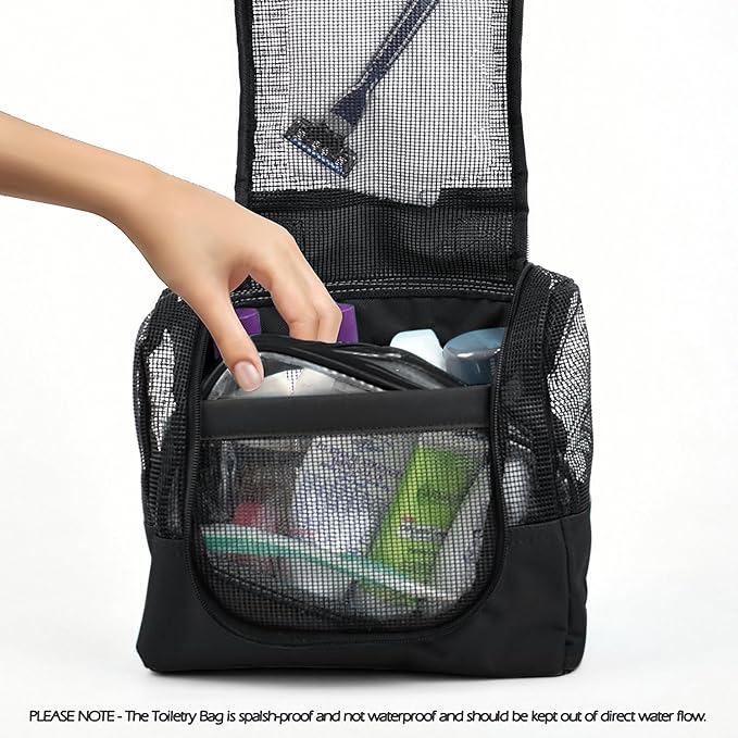 The Fine Living Co. Portable Hanging Shower Caddy Organizer Bag (Free Toiletries Case+Metal Hook) Quick Dry Mesh Shower Caddy Tote Bag Pouch For Bathroom College Dorm Camp Gym Camping 10”x4”x8”(Black)