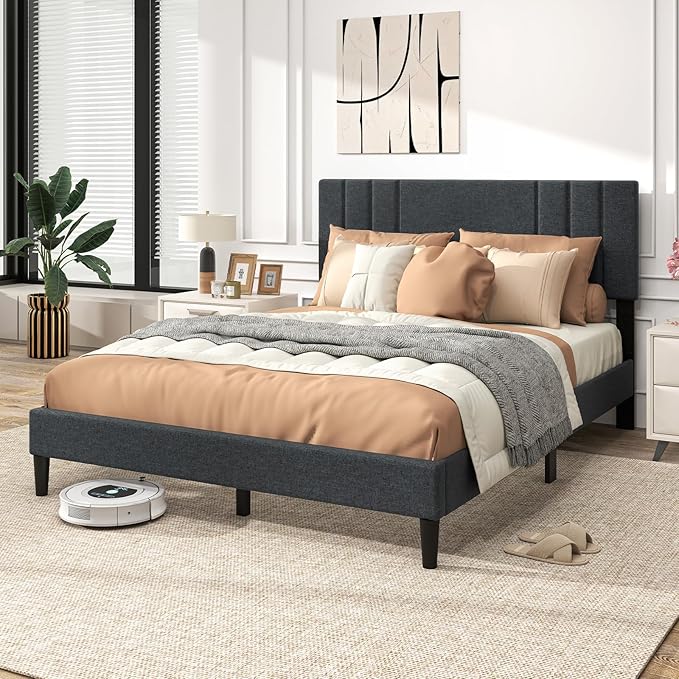 Giantex Queen Platform Bed Frame, Modern Upholstered Bed Frame with Vertical Channel Tufted Headboard, Wooden Slats Support, No Box Spring Needed, Gray
