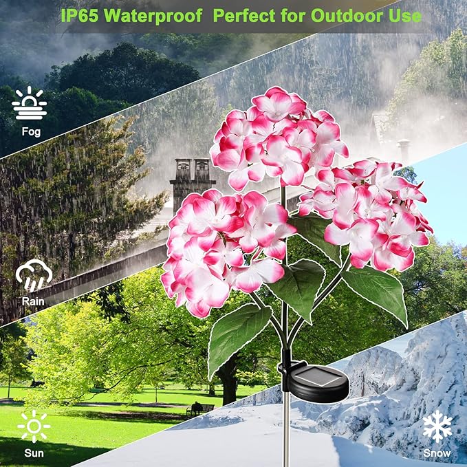 Solar Flower Lights - 2 Pack Waterproof Garden Lights with Solar Hydrangea Stake, Decorative for Patio, Courtyard, Garden Lawn (Blue & Rose Red)