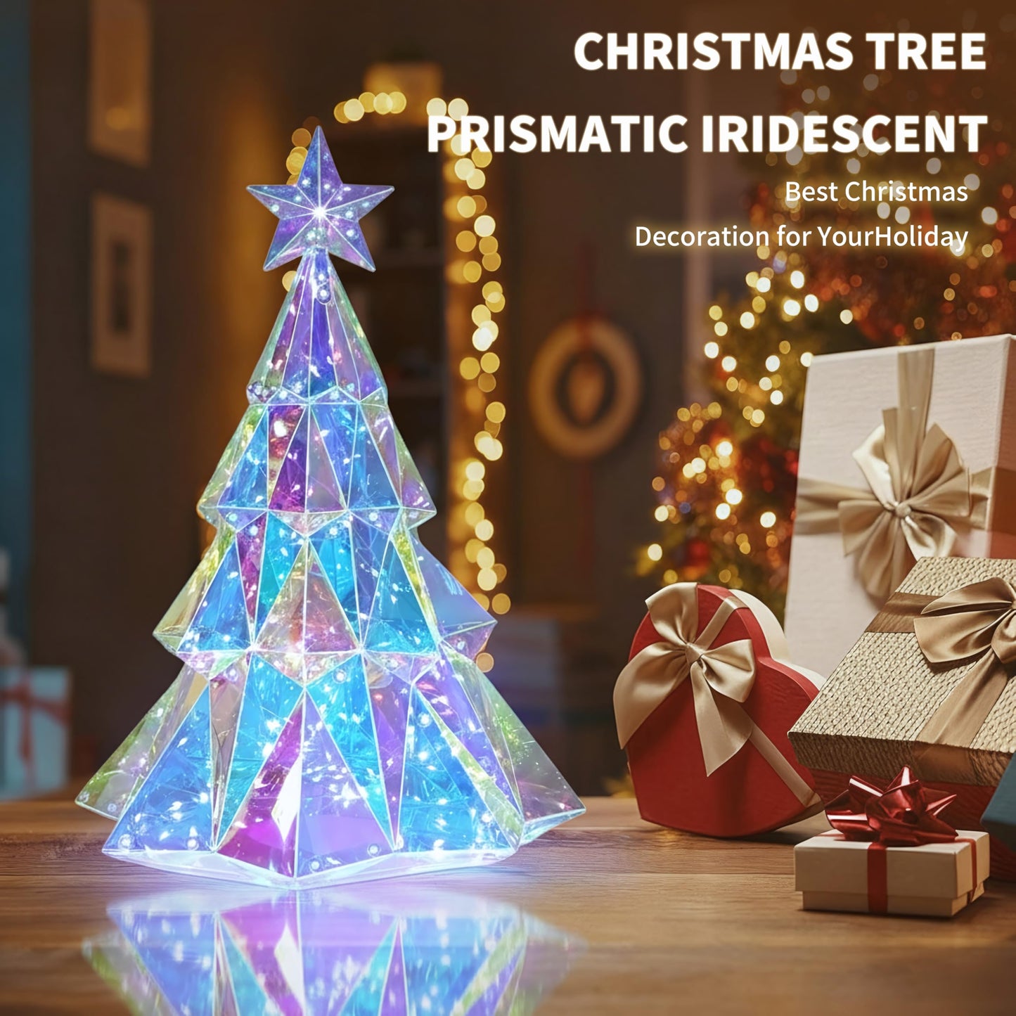 Prismatic Rainbow Iridescent LED Desktop Christmas Tree – 100-LED Prismatic Glow Tabletop Holiday Décor with USB Power for Home, Office & Party
