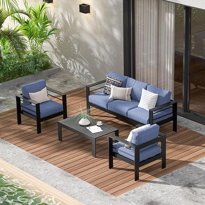 Wisteria Lane Aluminum Outdoor Patio Furniture Set, 5 Seats Modern Outdoor Conversation Set Sectional Sofa with Upgrade Cushion and Coffee Table for Balcony,Black Frame and Blue Cushion