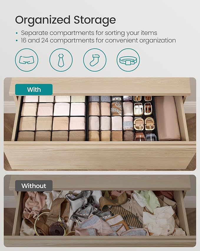 SONGMICS Set of 4 Underwear Organizers, Drawer Organizers, Dresser Closet Storage, 80 Cells (2x16+2x24), Foldable Dividers, 11.8 x 11.8 x 3.9 Inches, for Socks, Ties, Belts, Ink Black URUS011B01