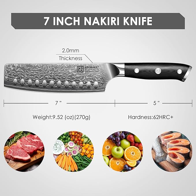 KEEMAKE Nakiri Knife 7in Ultra Sharp Meat Cleaver and Vegetable Chopper, Damascus Kitchen Knives with Full Tang G10 Ergonomic Handle, Japanese Knife for Kitchen